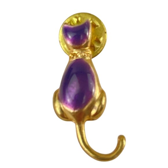 Gold-Tone Purple Cat Brooch Pin With Glossy Finish & Tail Accent - Picture 5 of 7